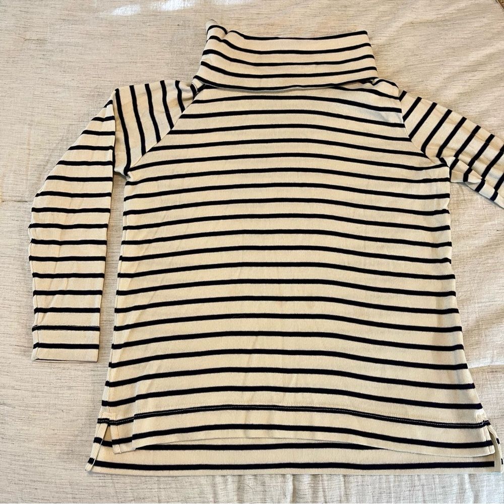 L.L. Bean Women's Large Turtleneck Sweater Blue Cream Striped Side Slit Pullover